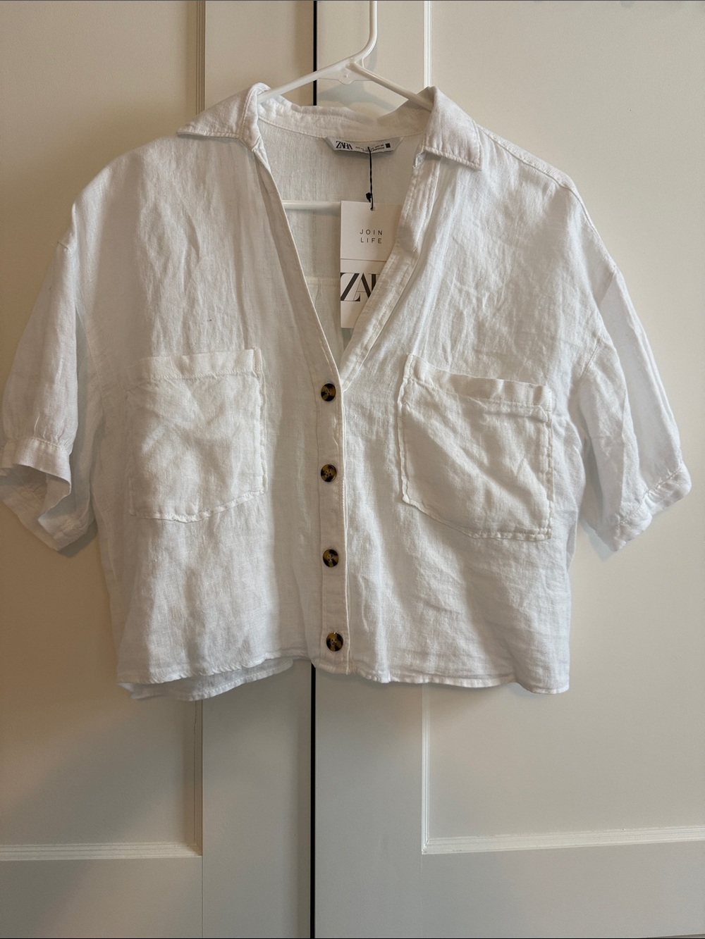 Zara NWT White Linen Button Front Shirt | Join Life | Boxy Short Sleeve | XS